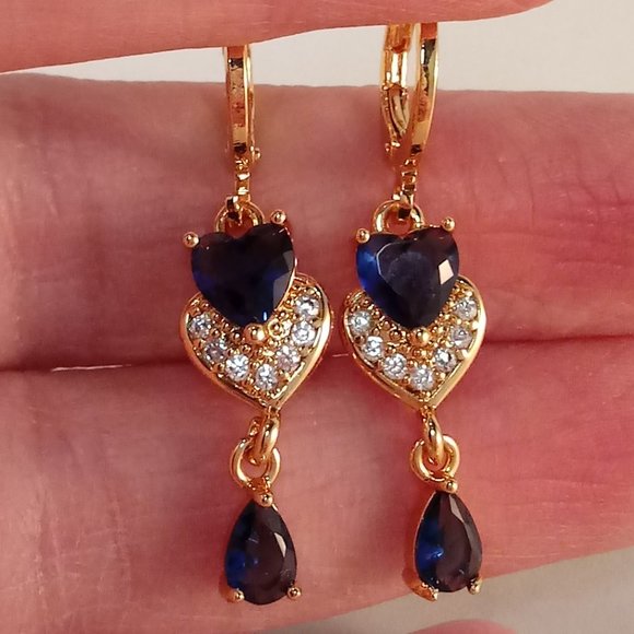 18K Yellow Gold Filled Navy Blue Diamond Zircon Heart Dangle Earrings 1.13ctw ea - Picture 1 of 4